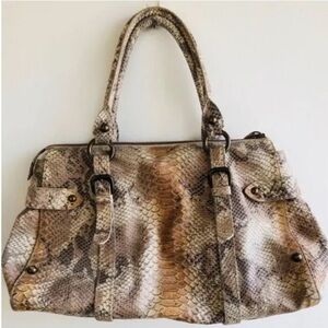 Forth & Towne Tan Calf Leather Snake Print Satchel Handbag Purse Womens Luxury